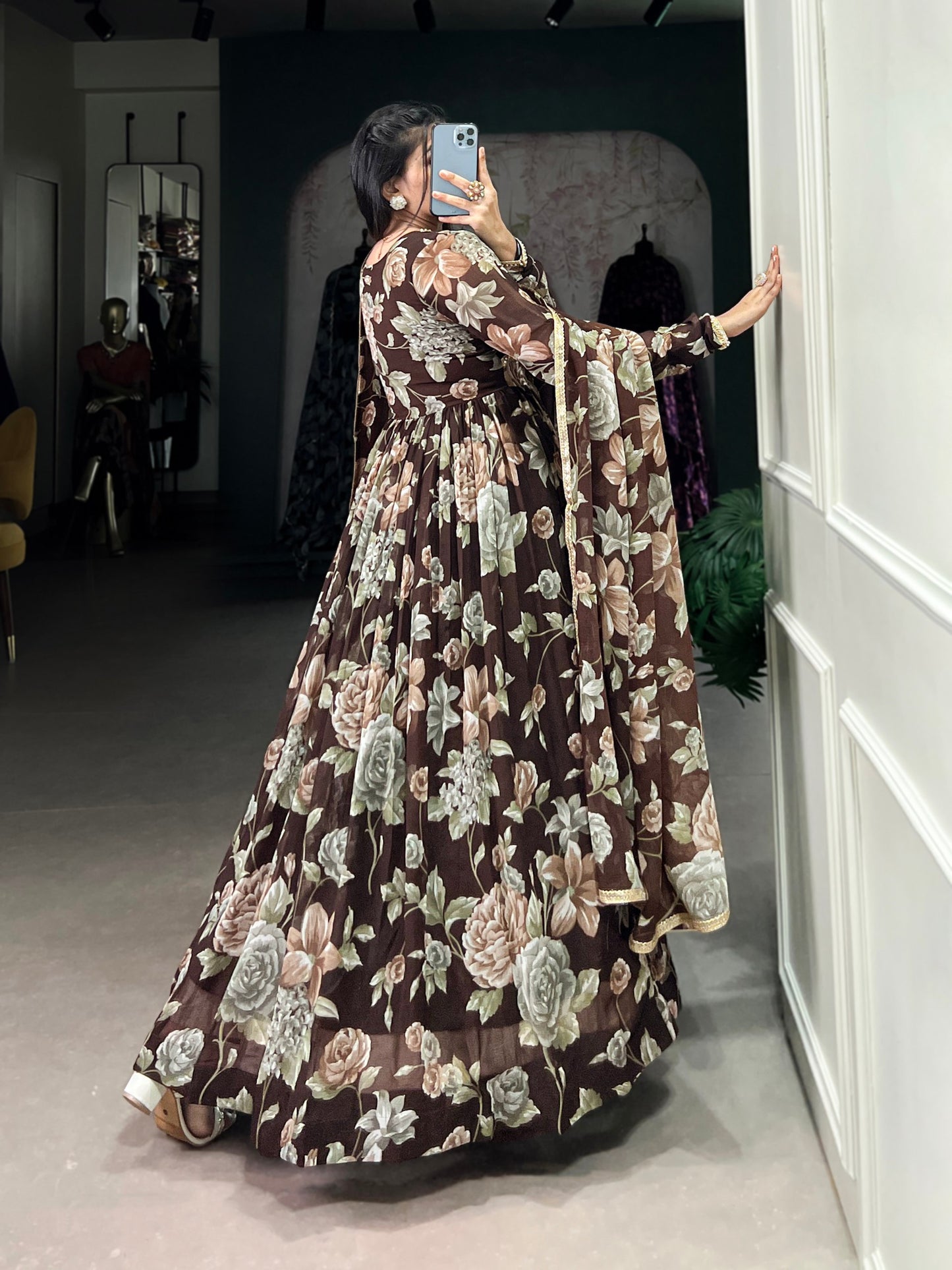 Brown Sculpted Beauty Floral Print Marbel Gown with Lace Touch-Up Dupatta