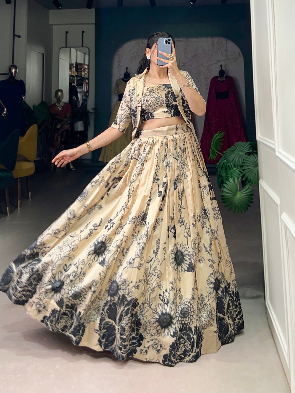 Cream Color Floral Printed Stylish Designer Lehenga choli