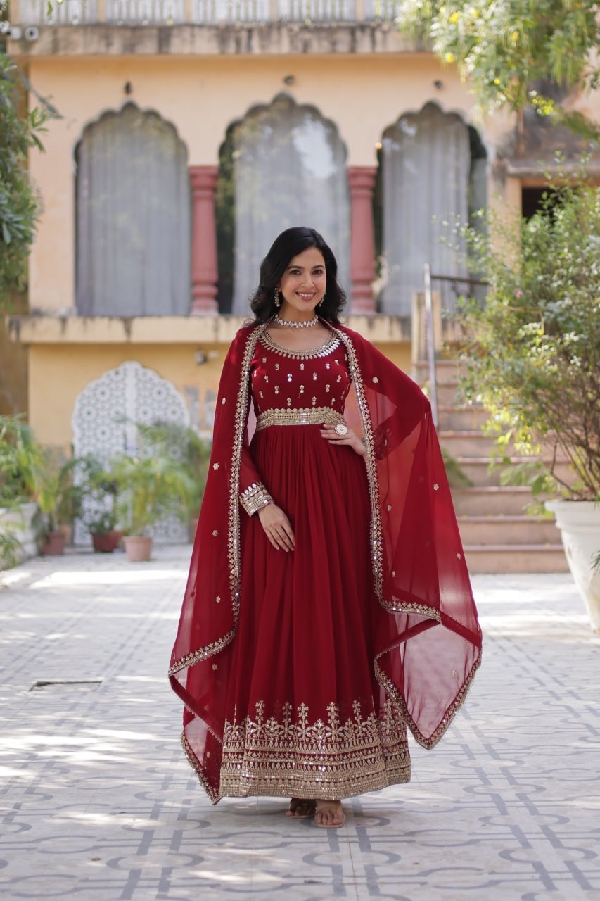 Red Faux Blooming Gown with Zari Sequins Embroidery & Dupatta | Fully Stitched Elegant Ethnic Wear for Weddings & Festive Occasions