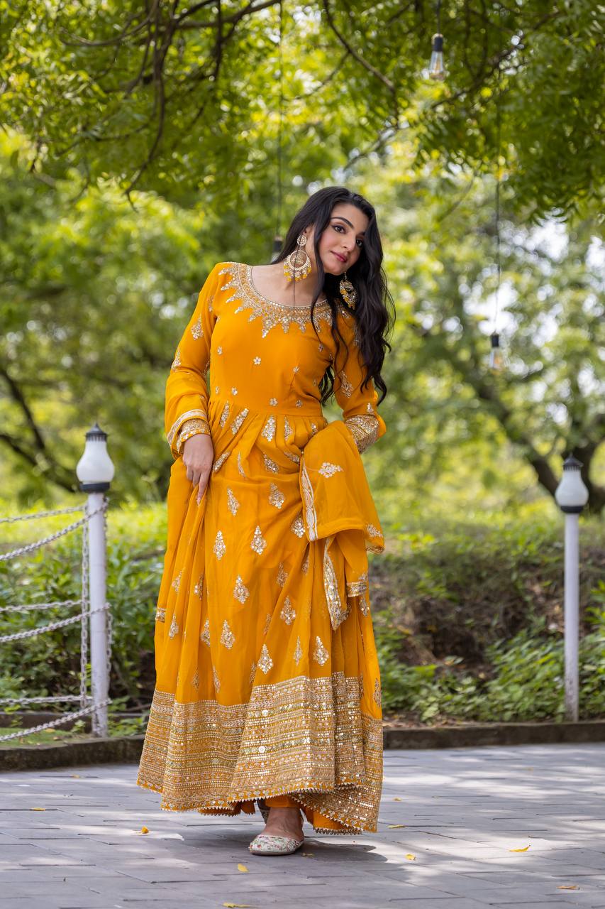 Faux Georgette Embroidered Gown Set with Dupatta – Fully Stitched Designer Ethnic Wear for Women