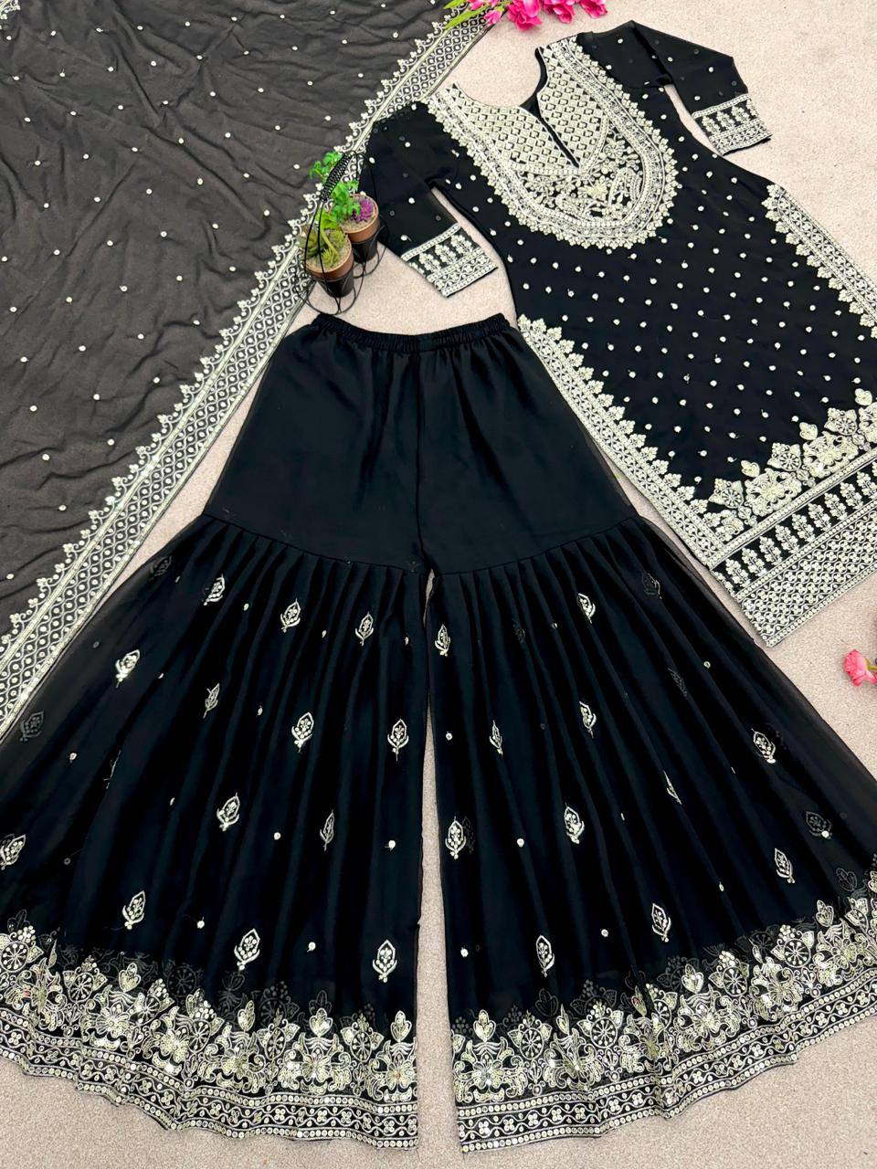 Heavy Faux Georgette Embroidered Black Gharara Set with Dupatta – Fully Stitched Ethnic Partywear for Women