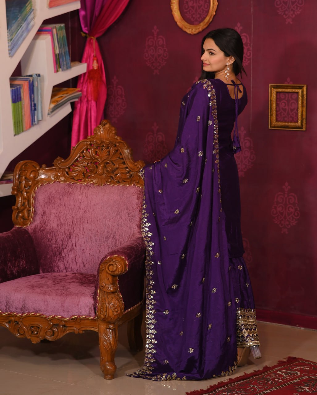 Chinon Embroidered Purple Sharara Suit Set with Dupatta – Fully Stitched Ethnic Wear for Women