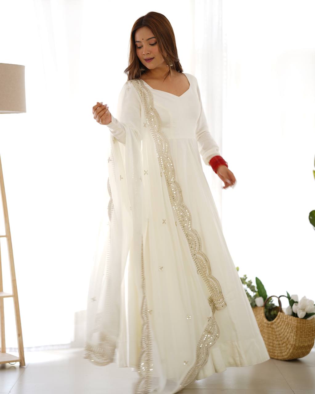 Elegant 16 Kali Romansilk Chanderi White Anarkali Set with Embroidery Dupatta