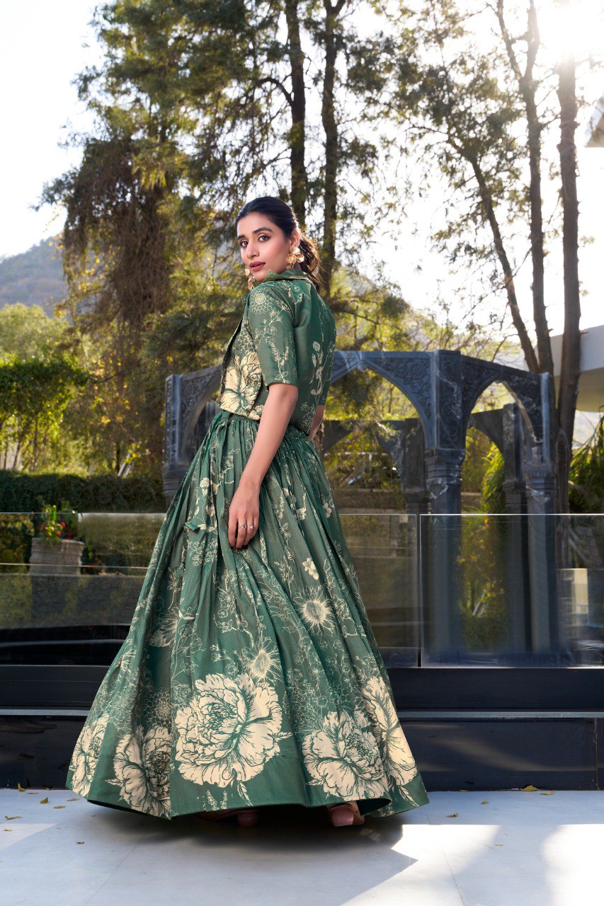 Elegant Tussar Silk Floral Printed Green Lehenga Set with Blouse and Koti
