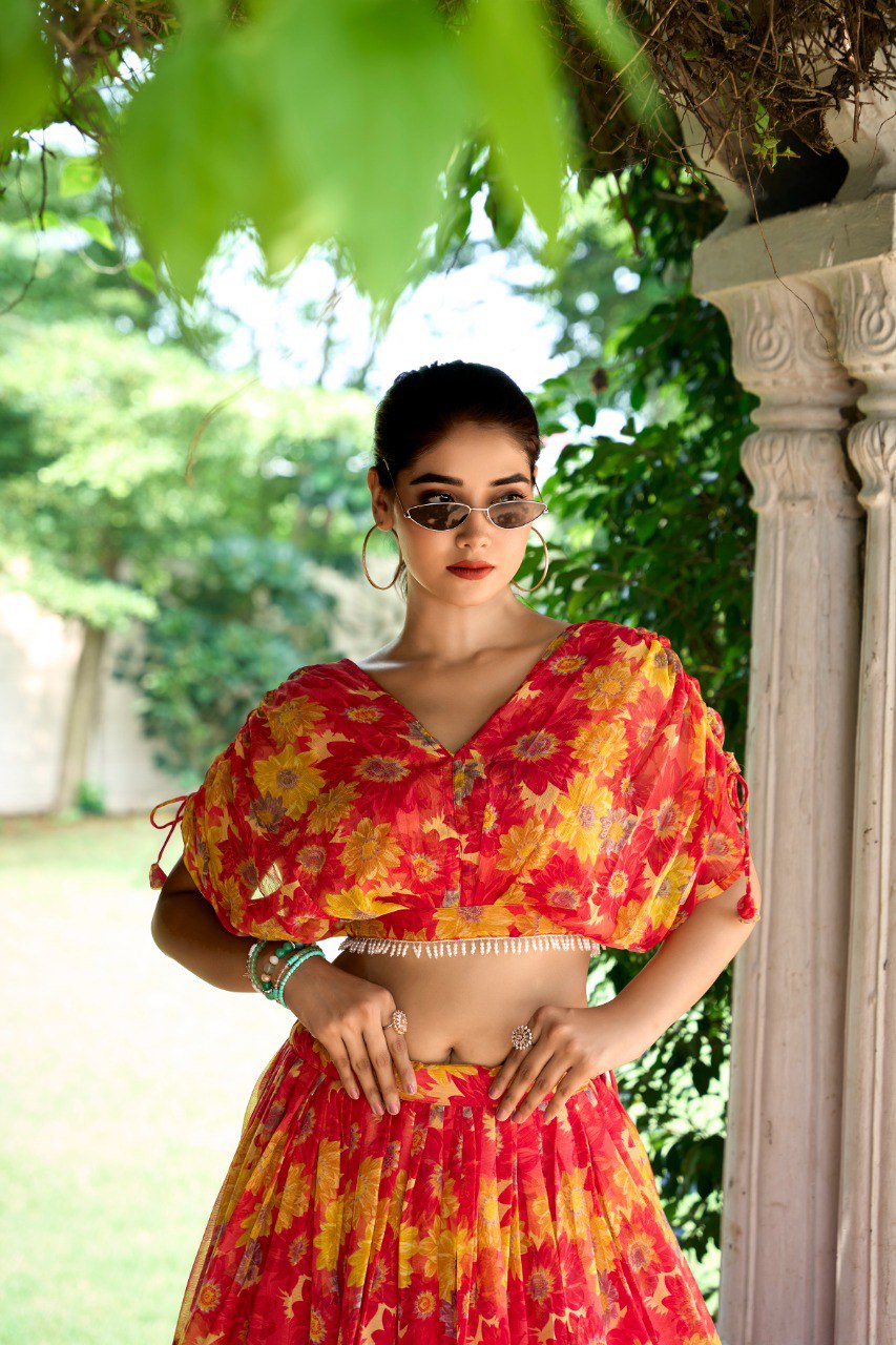Elegant Floral Print Chiffon Red Lehenga Set for Women