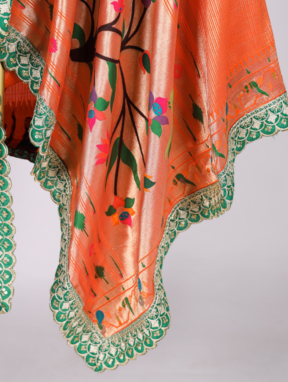 Premium Jacquard Silk Zari Weaving Orange Dupatta with Embroidery Lace Border
