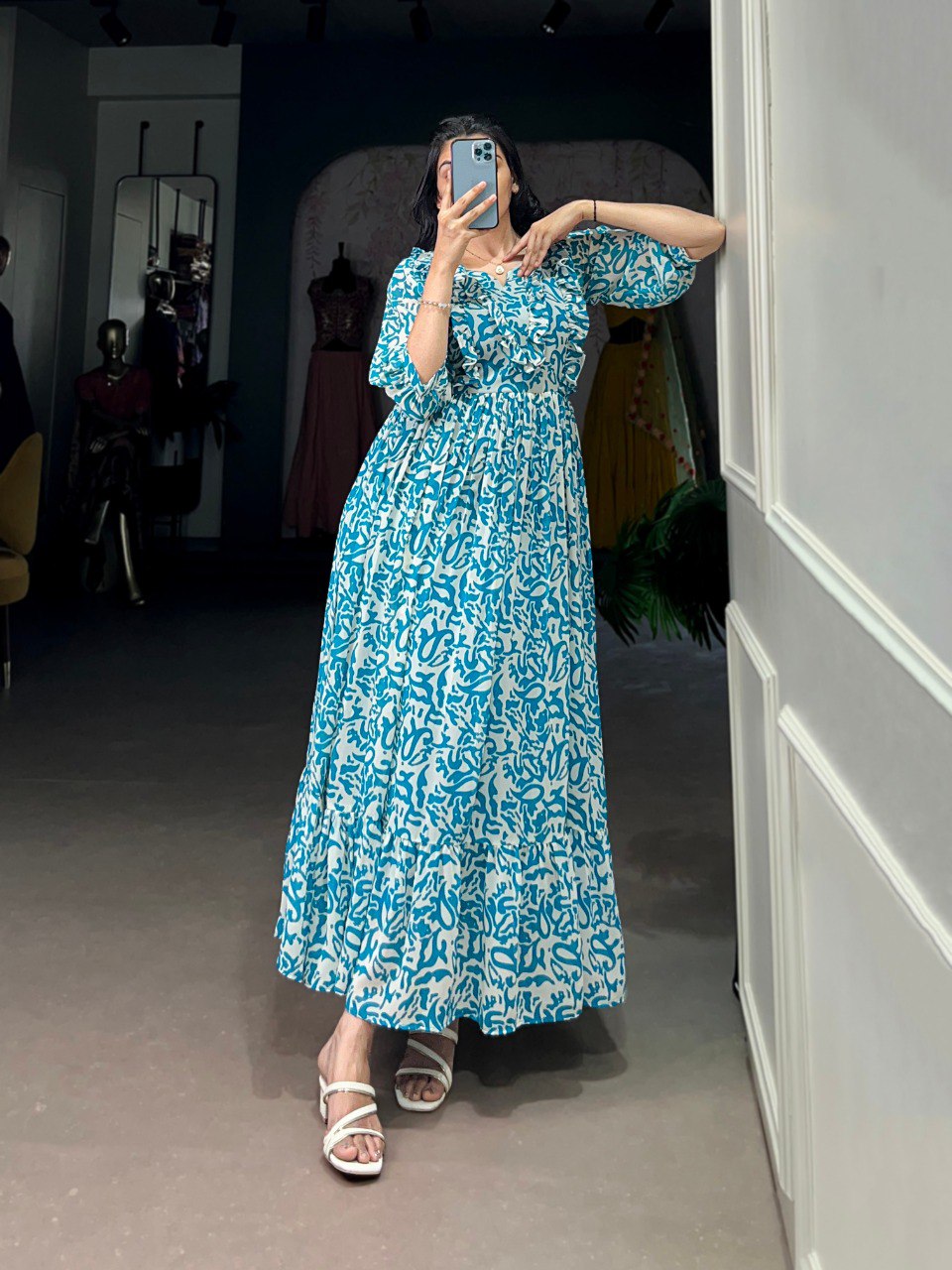 Elegant Georgette Printed Blue Frock with Full Flair and Lining
