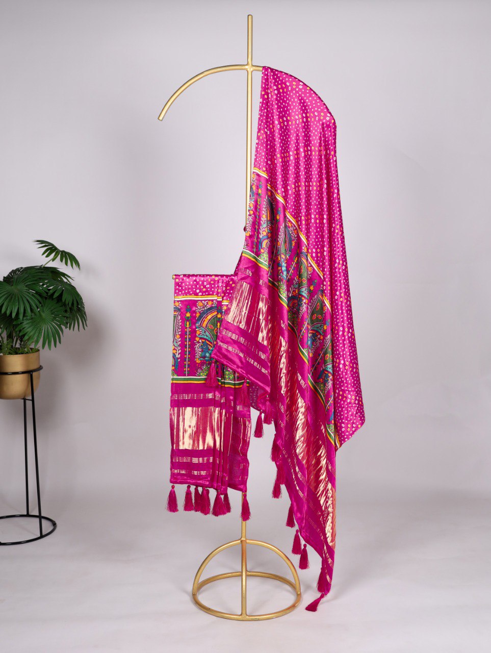 Pure Gaji Silk Digital Print Pink Dupatta with Tassels