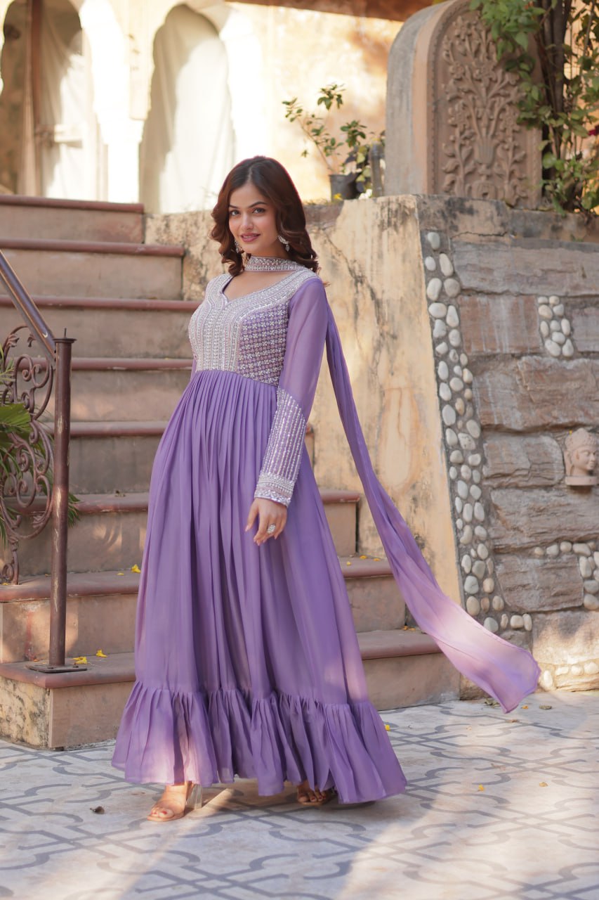 Star Georgette Embroidered Beads Sequins Work Lavender Gown with Dupatta Set