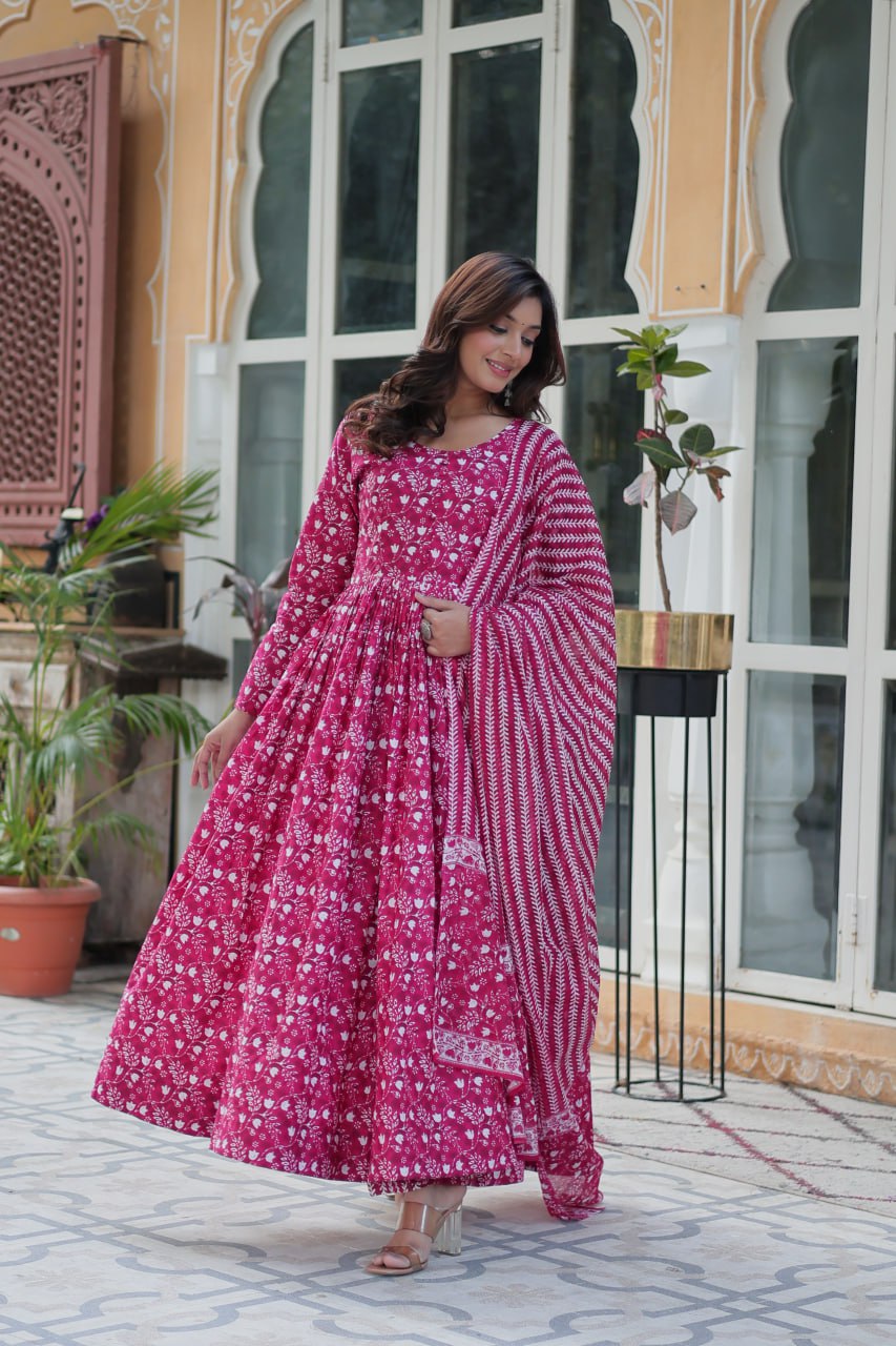 Pure Rani Pink Cotton Long Kurta Set with Elastic Bottom and Dupatta