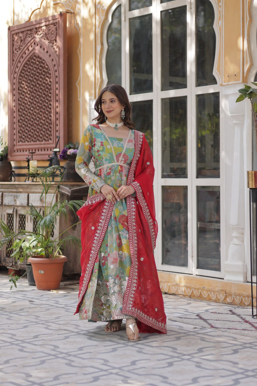 Digital Printed Russian Silk Top with Foil Embroidery Zari Sequins Work and Designer Lace Border Dupatta