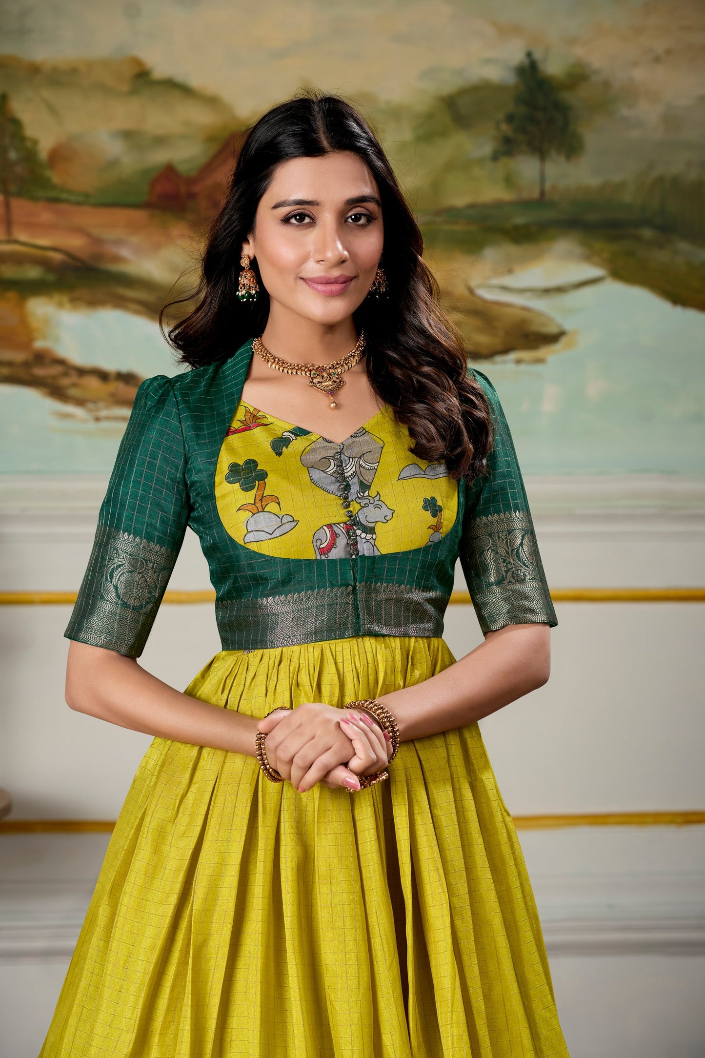Elegant Dola Silk Kalamkari Print Yellow Gown with Zari Weaving Koti | Ethnic Wear for Women