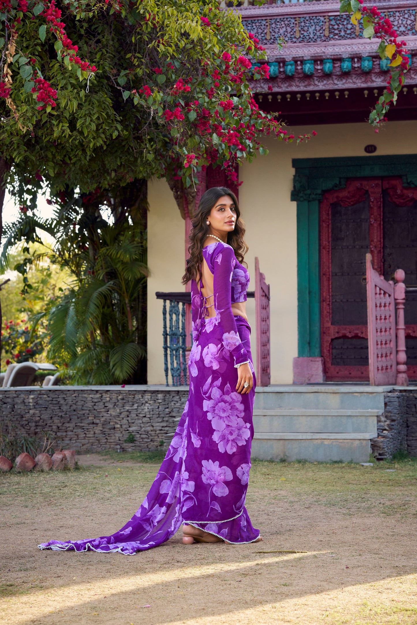 Elegant Floral Printed Purple Chiffon Saree with Pearl Lace Border and Matching Blouse