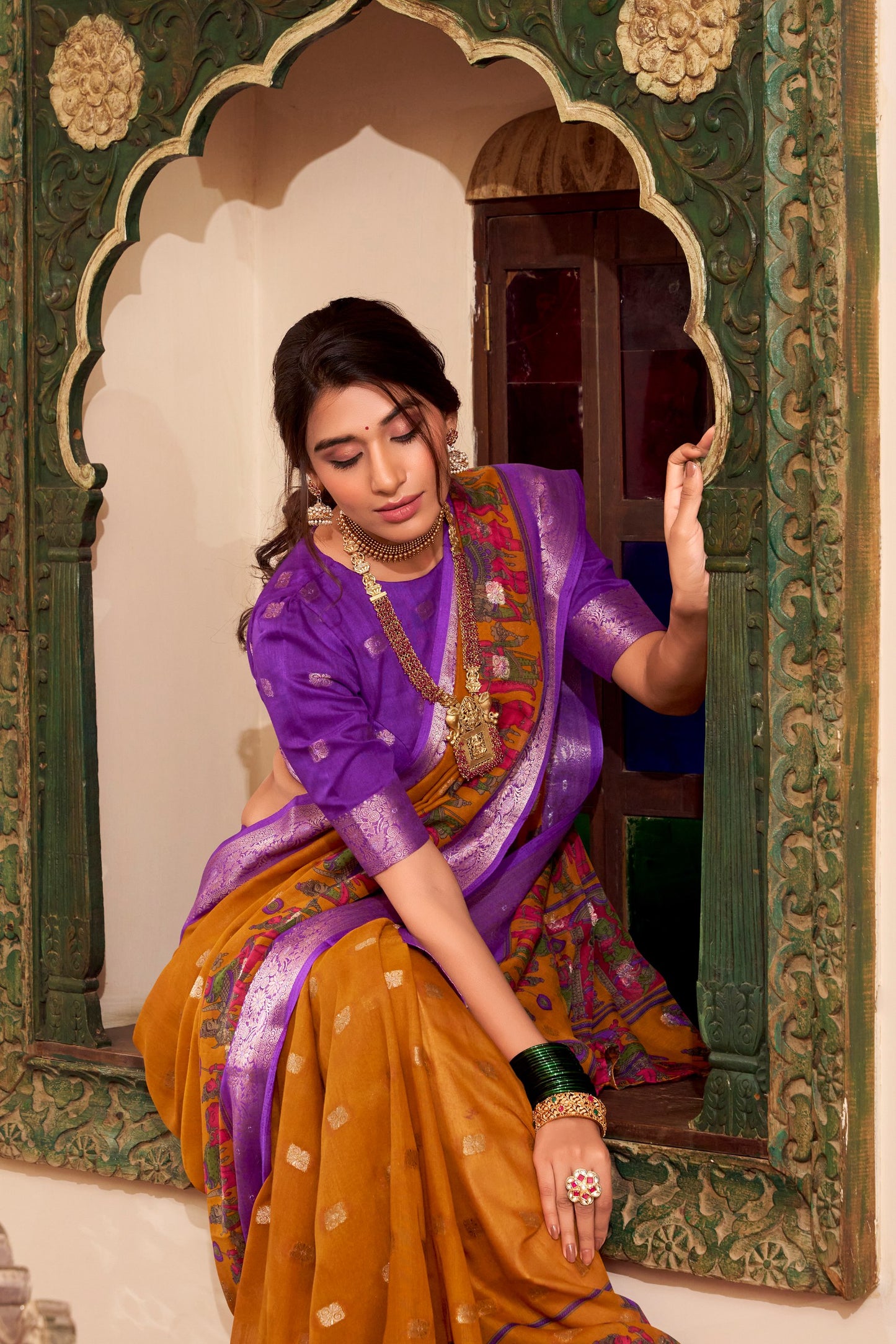 Kalamkari Print Poly Cotton Yellow Saree with Zari Weaving Work Border and Blouse