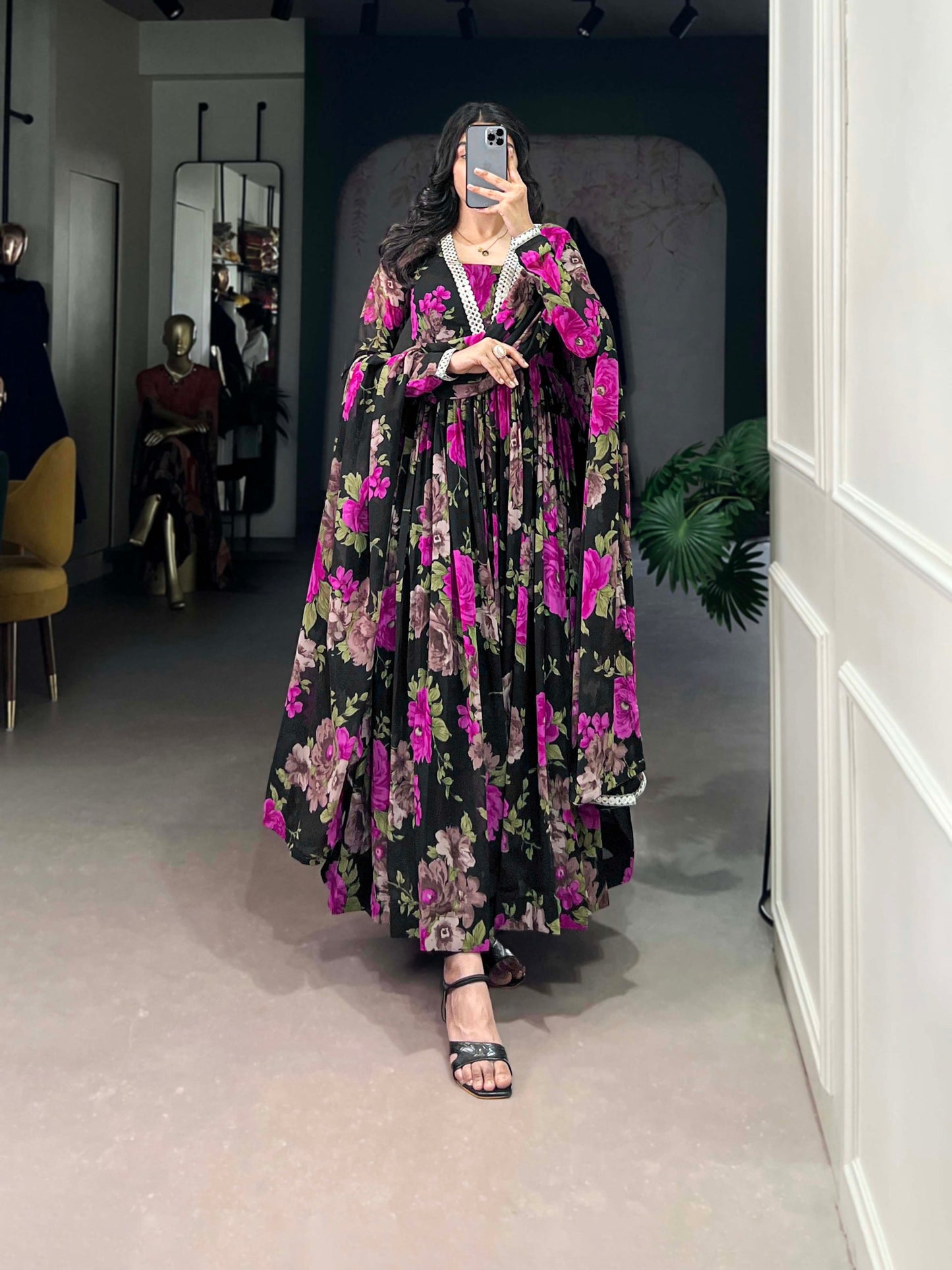 Floral Printed Georgette Pink Gown with Peper Mirror Lace Touch-Up and Dupatta