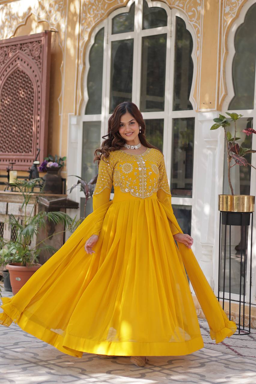 Yellow Embroidered Faux Blooming Georgette Gown with Dupatta