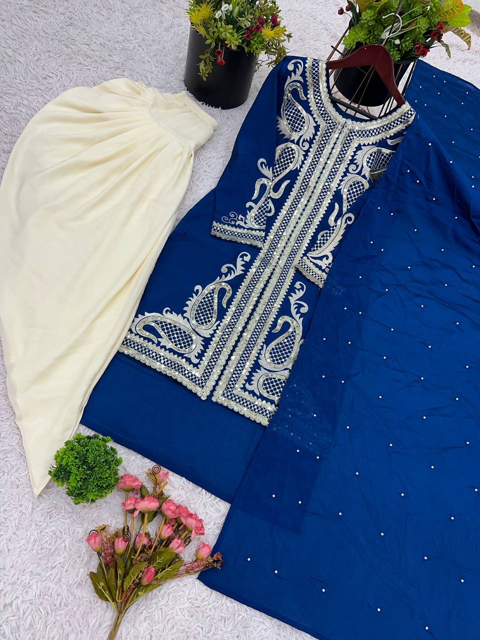 Heavy Blue Chinon Silk Embroidered Dhoti Style Suit with Rivet Moti Dupatta – Fully Stitched