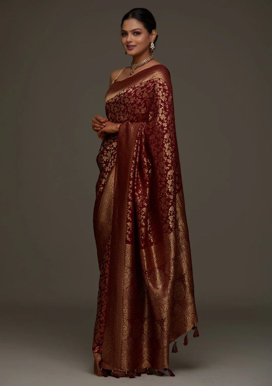 Banarasi Maroon Soft Silk Saree with Jacquard Border Blouse