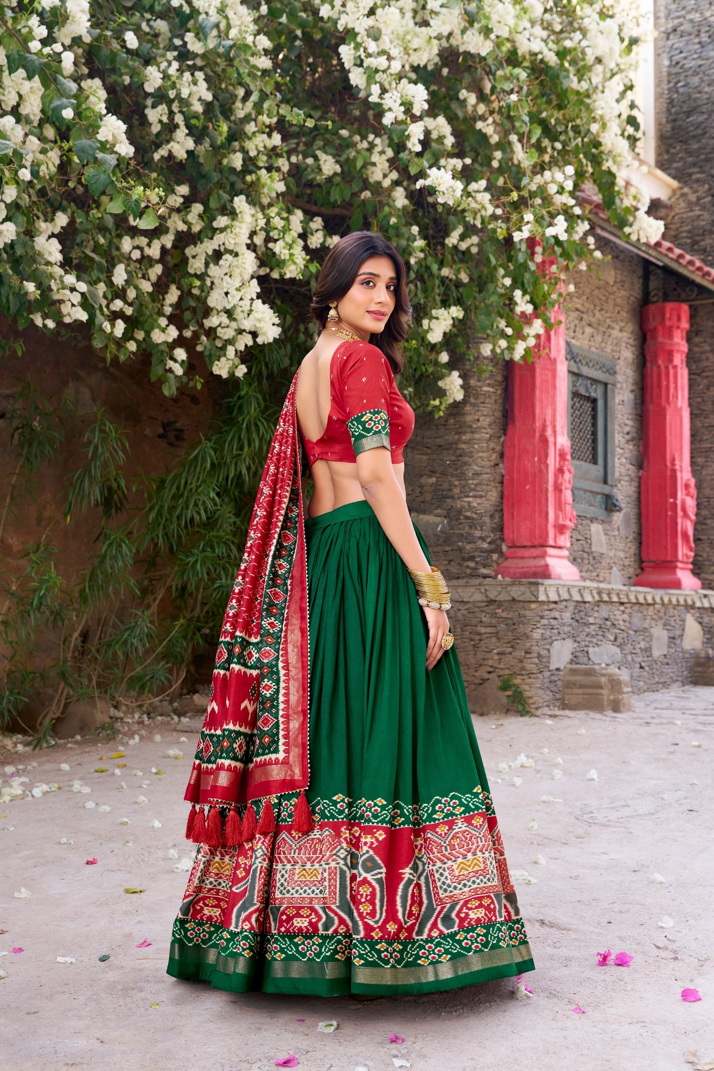 Patola Printed Green Tussar Silk Lehenga Set with Gotta Patti Dupatta