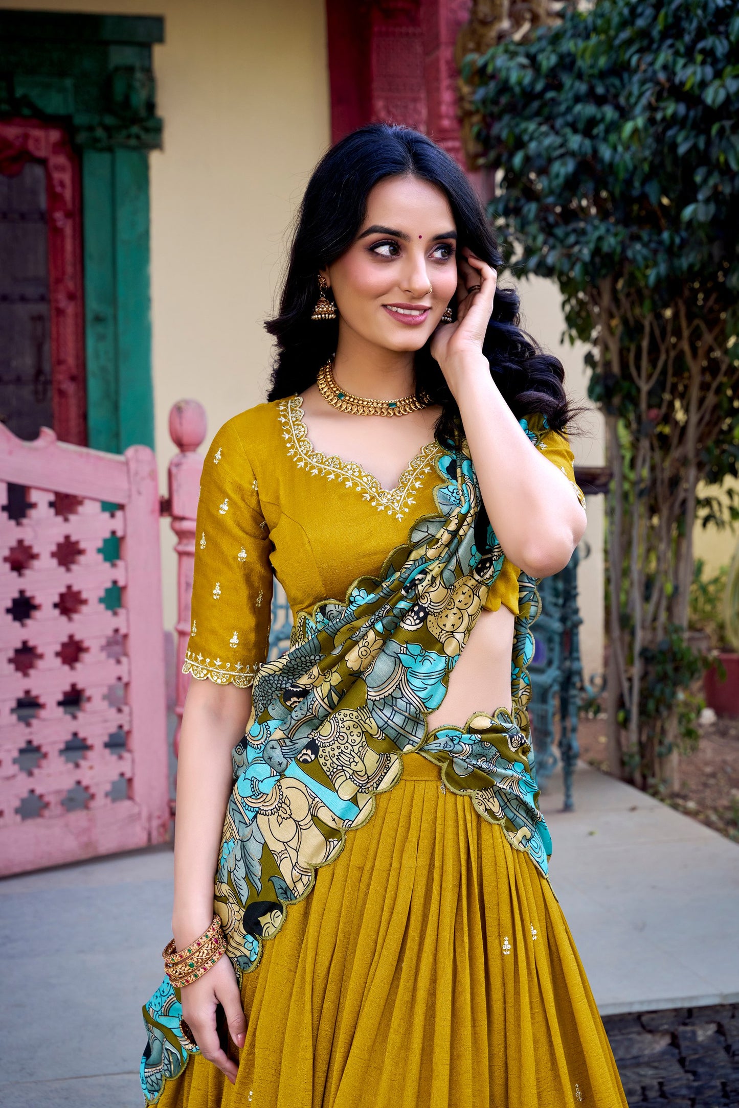 Mustard Yellow Vichitra Silk Lehenga Set with Kalamkari Print Border & Tussar Silk Dupatta