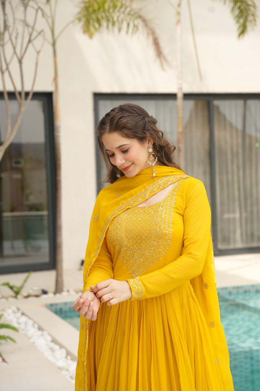 Yellow Fendy Chiffon 12-Kali Anarkali Gown with Embroidered Cut-Work Dupatta