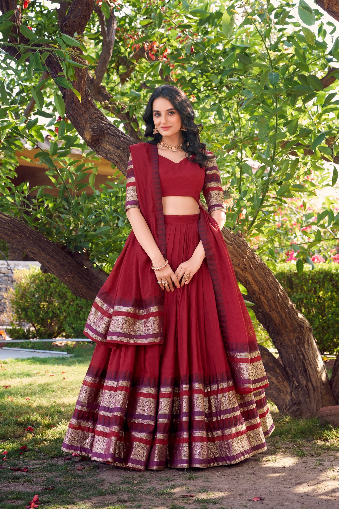 Pure Chanderi Red Lehenga with Zari Weaving Work Border & Dupatta
