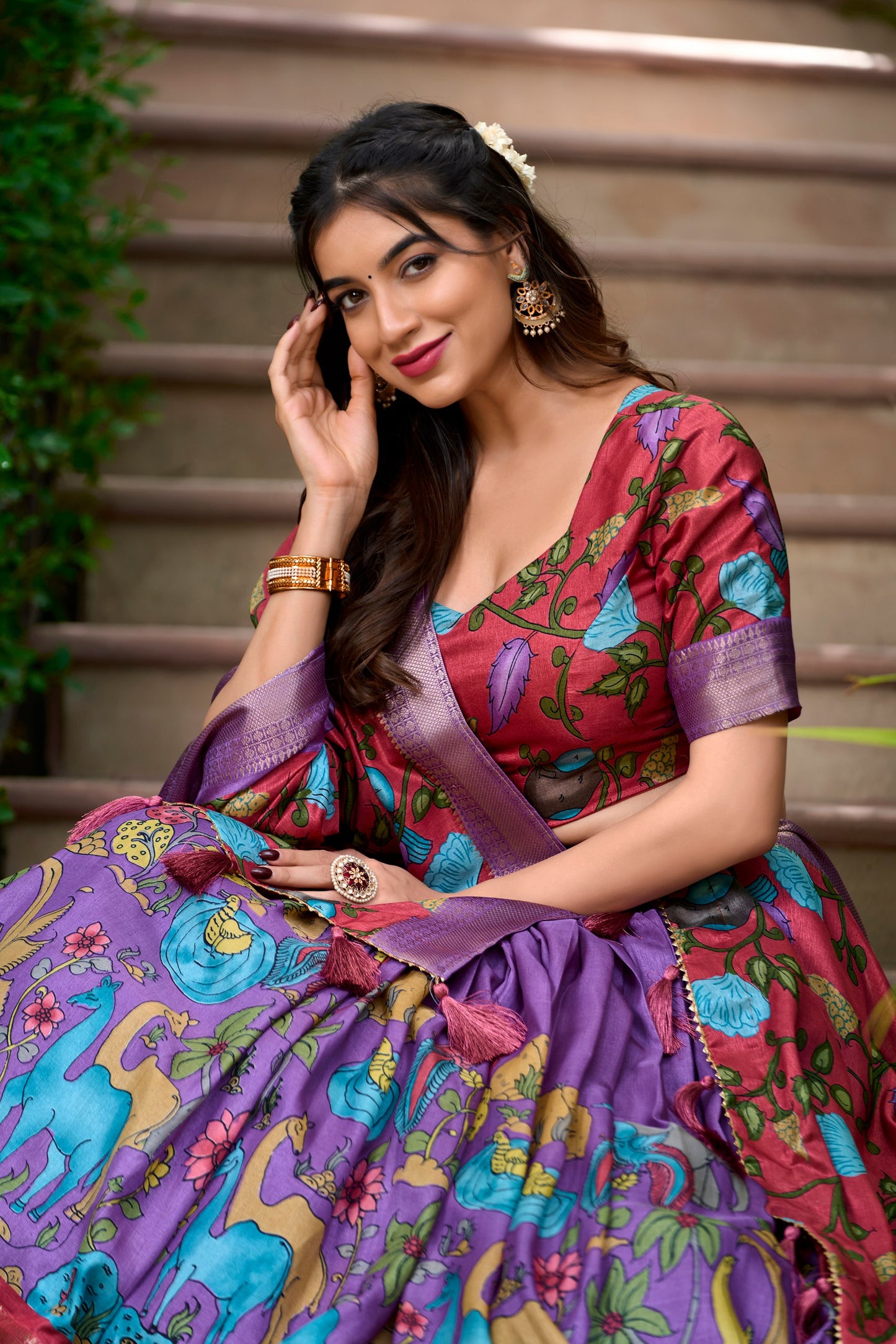 Lavender Kalamkari Dola Silk Lehenga Choli Set with Zari Borders