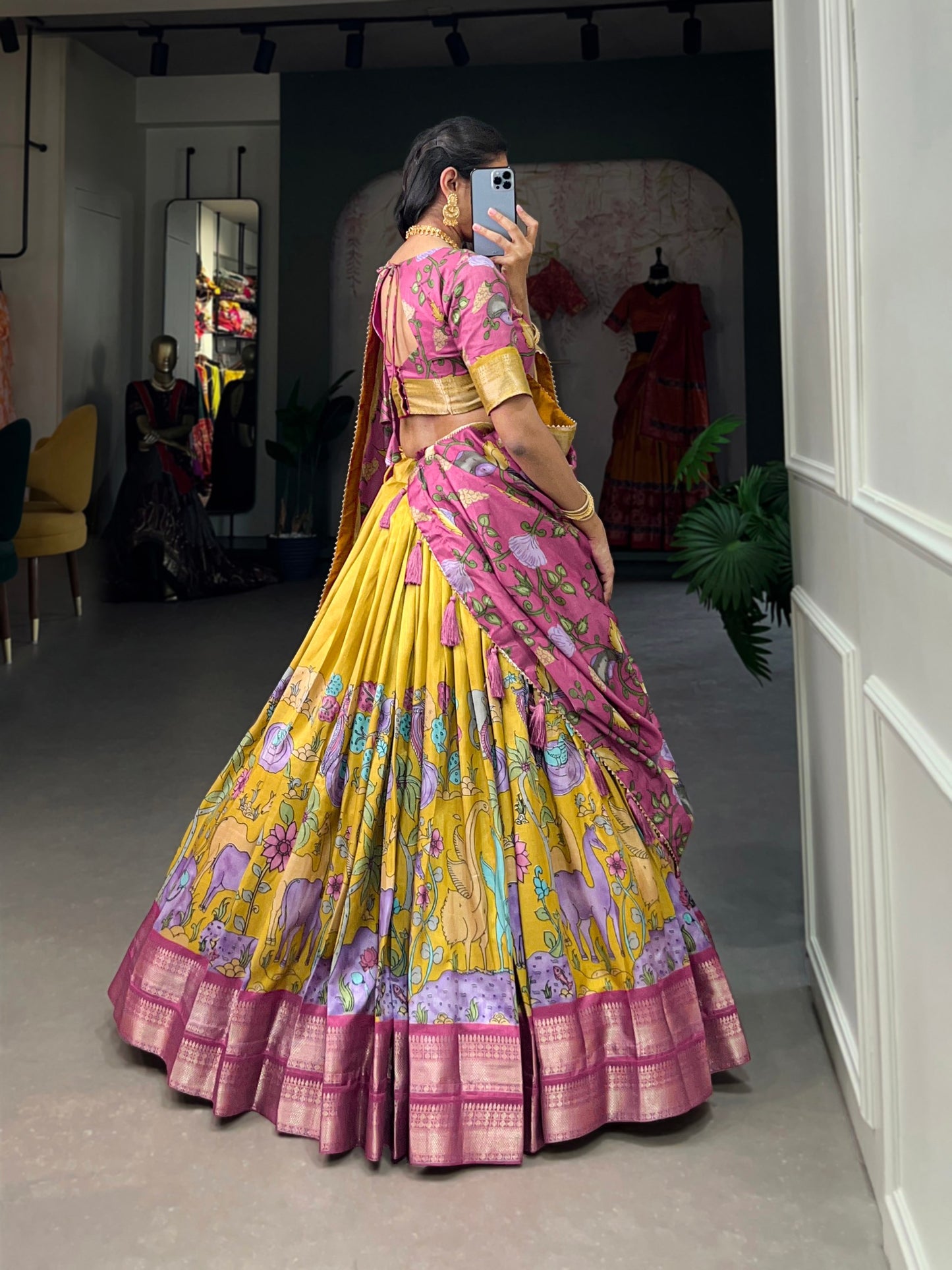 Mustard Yellow Zari Weaving Kalamkari Print Lehenga Choli Set