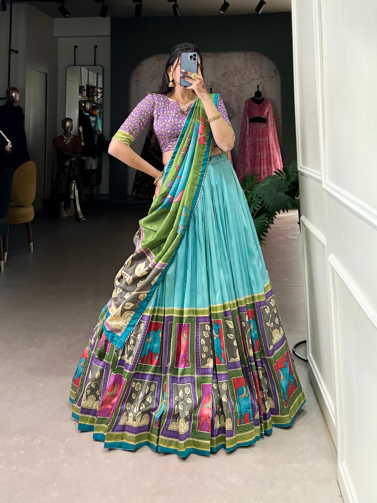 Sky Blue Color Tussar Silk Kalamkari Printed Lehenga Choli