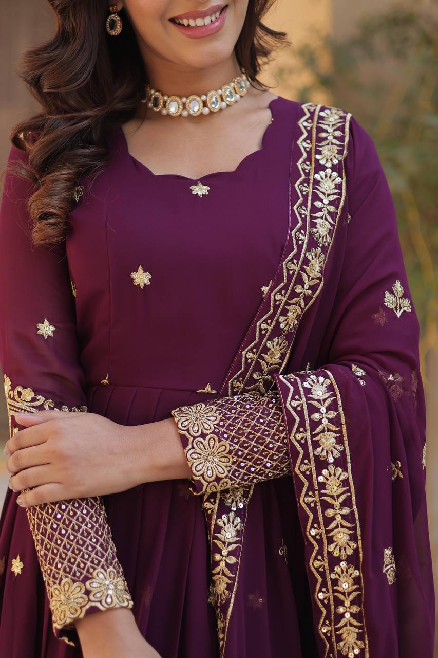 Ethnic Motifs Embroidered Sequinned Purple Georgette Anarkali Kurta