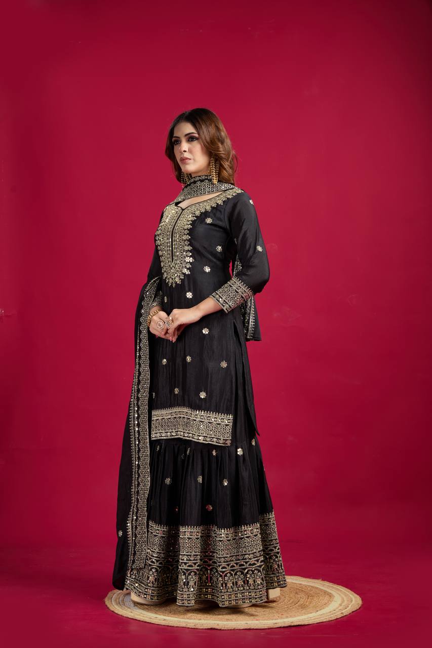 Black Chinnon Silk With Heavy Embroidery Sequence Work Top-Plazo And Dupatta Set
