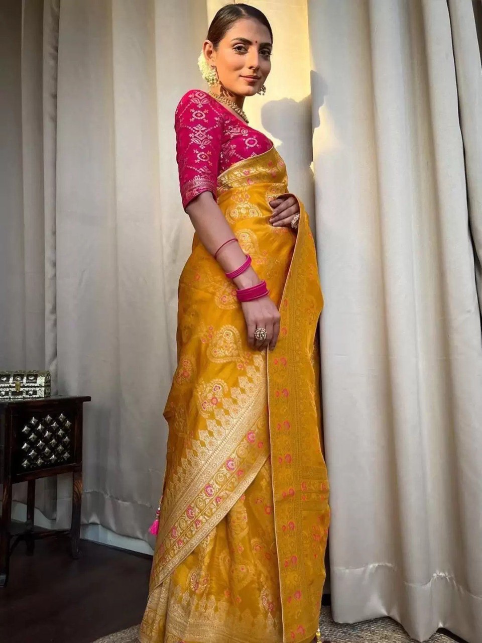 Floral Woven Banarasi Saree with Contrast Border