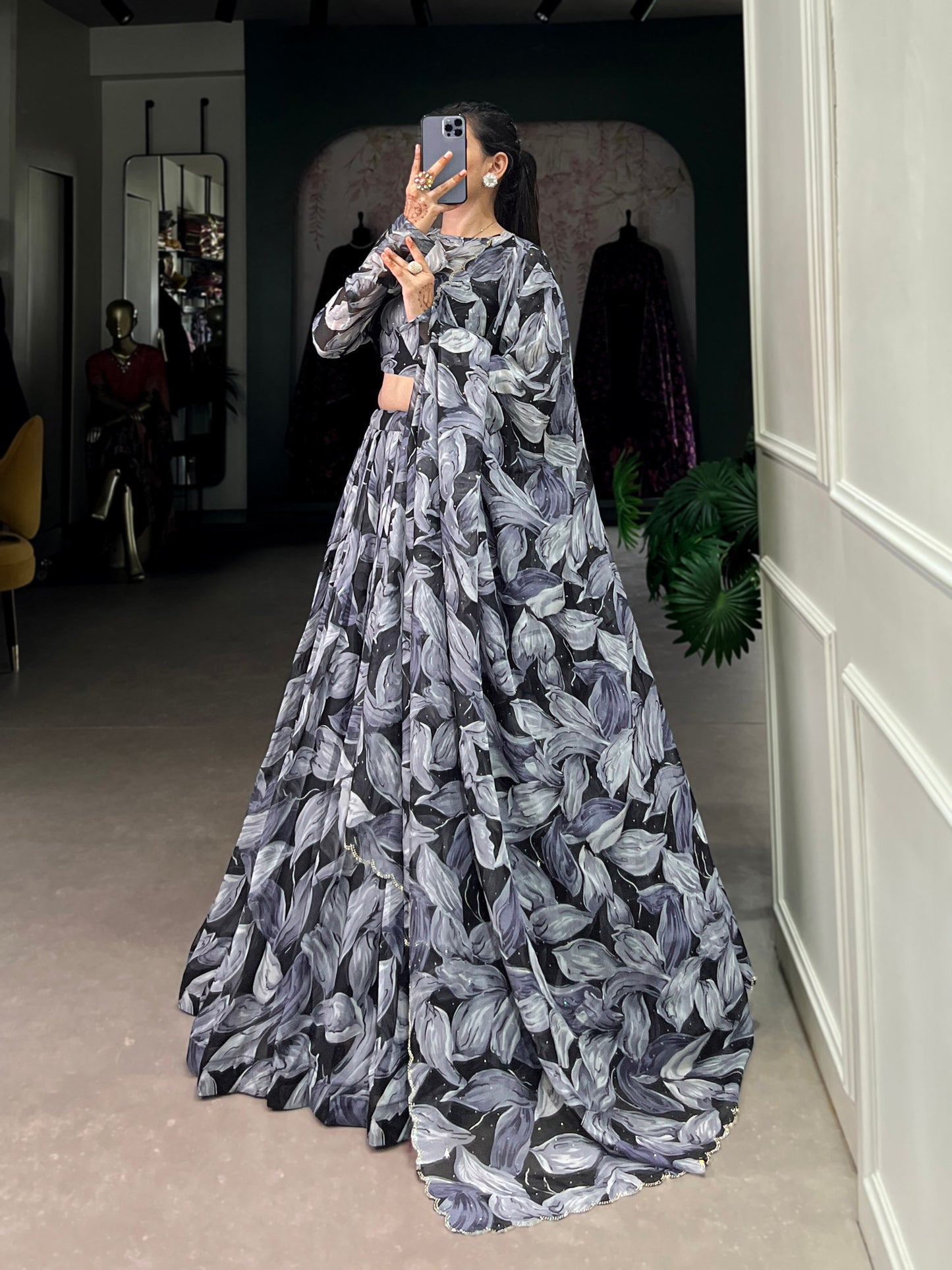 Black Color Lehenga Choli in Tabby Silk With Print With Hotfix Diamond Work