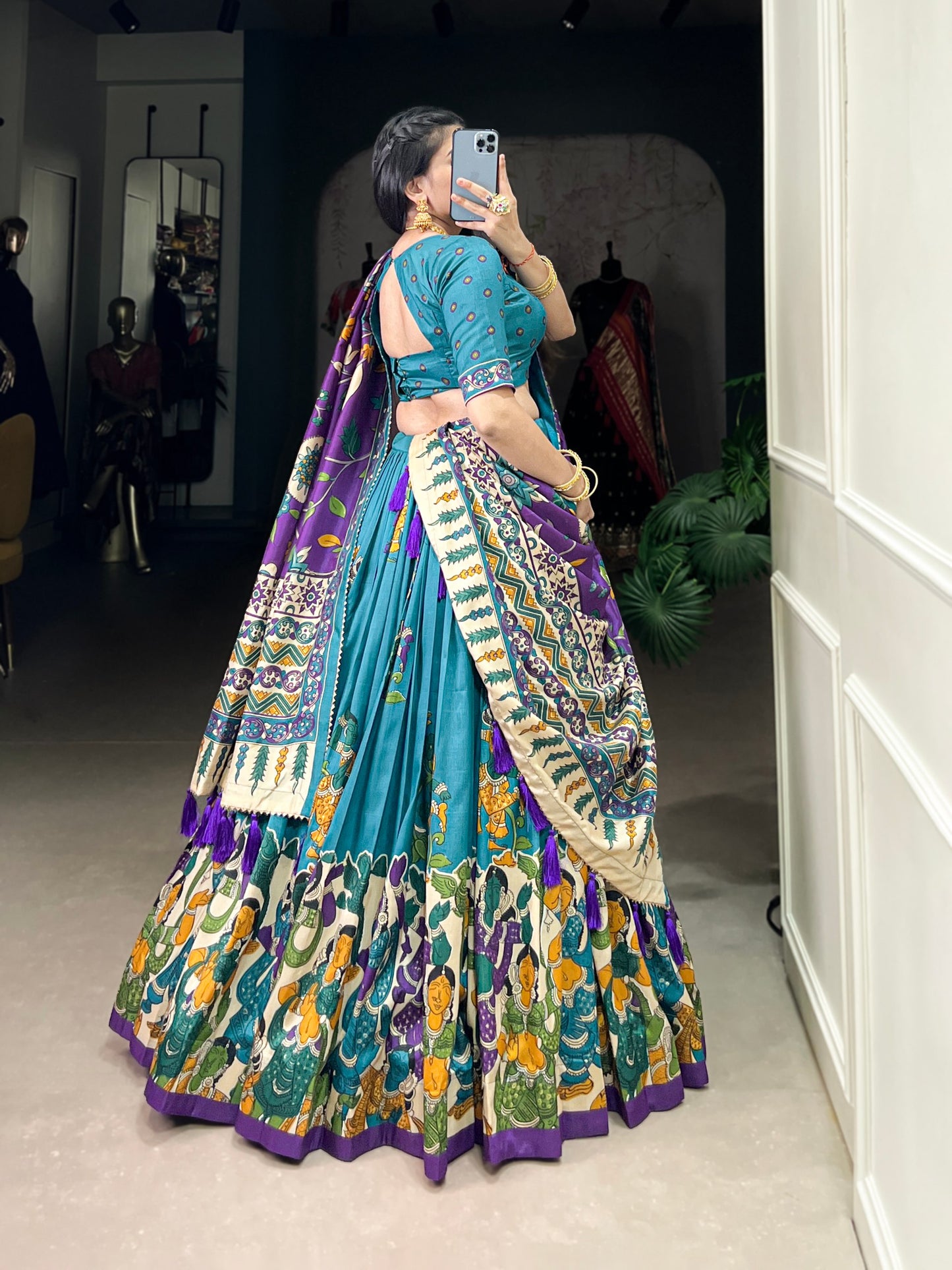 Firoji Tussar Silk Kalamkari Lehenga Set with Zari Weaving Border