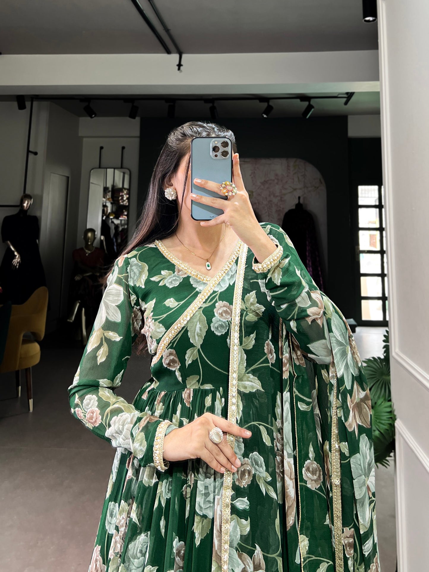 Green Sculpted Beauty Floral Print Marbel Gown with Lace Touch-Up Dupatta