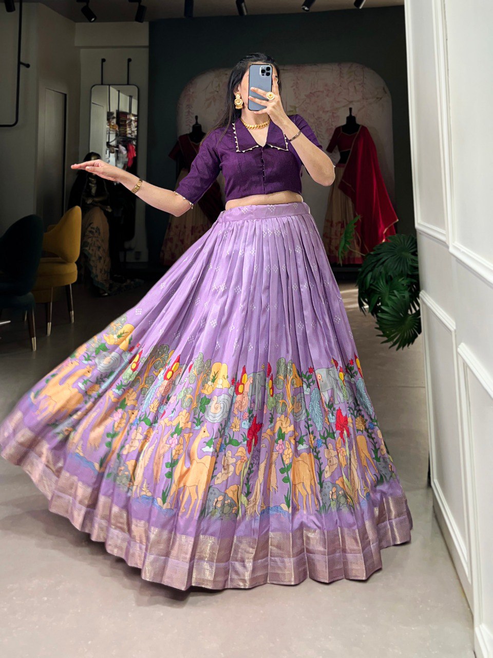 Lavender Timeless Elegance Dola Silk Kalamkari Lehenga Set