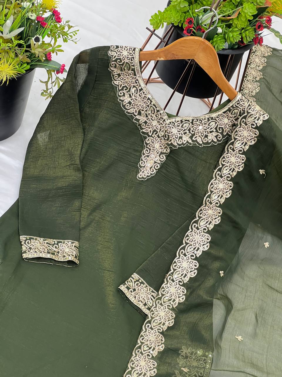 Elegant Green Heavy Crunchy Silk Sharara Suit with Embroidery Sequence Work | Fully Stitched Designer Ethnic Wear for Women