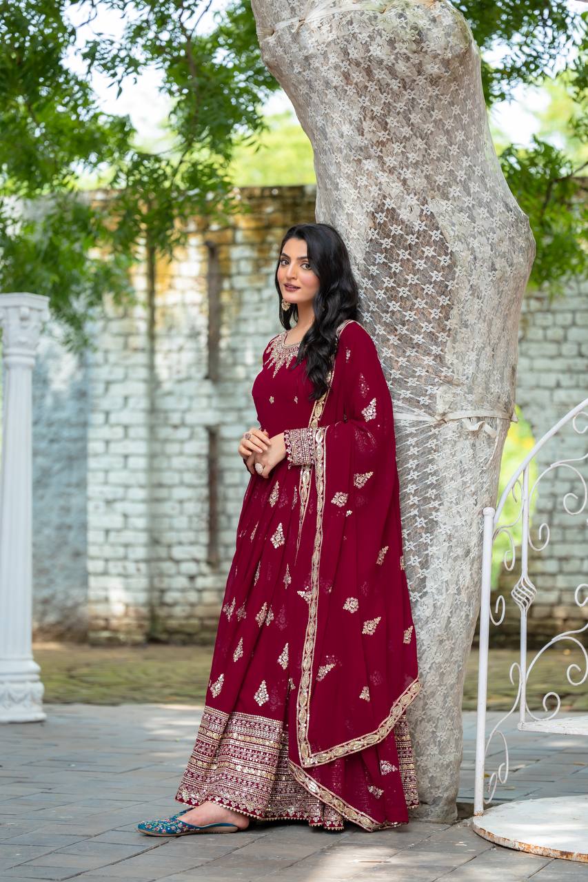 Faux Georgette Embroidered Lavender Gown Set with Dupatta – Fully Stitched Designer Ethnic Wear for Women