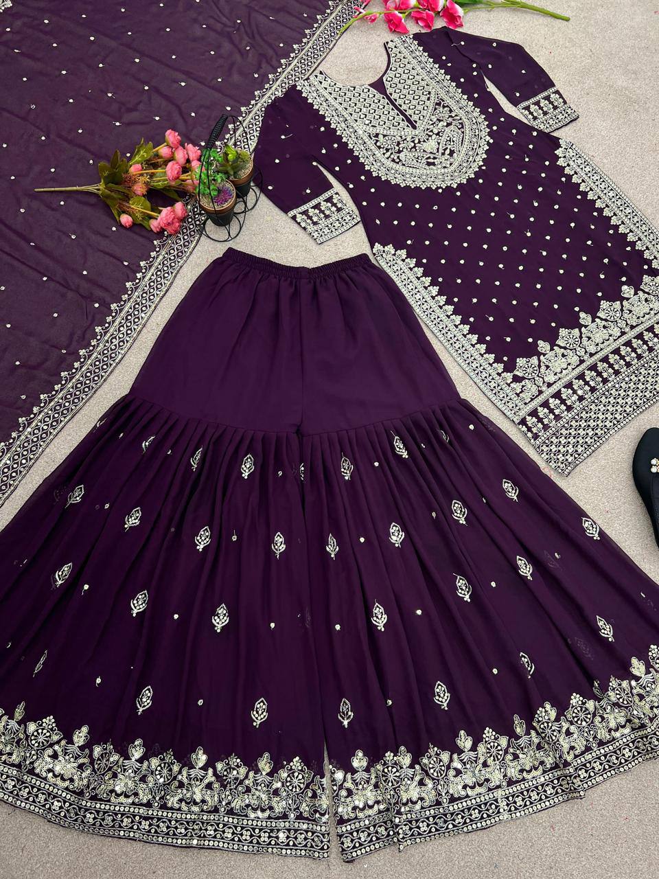 Heavy Faux Georgette Embroidered Purple Gharara Set with Dupatta – Fully Stitched Ethnic Partywear for Women