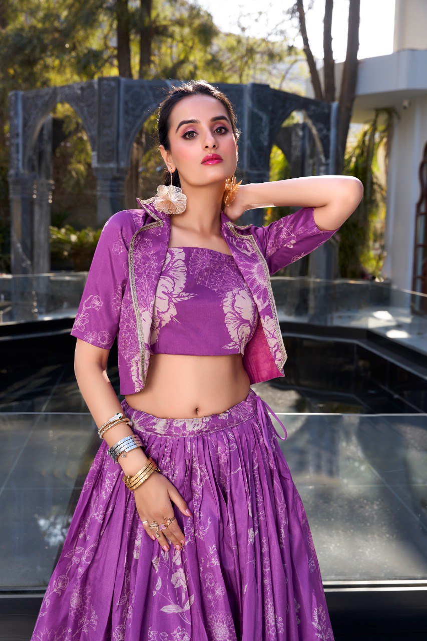 Elegant Tussar Silk Floral Printed Purple Lehenga Set with Blouse and Koti