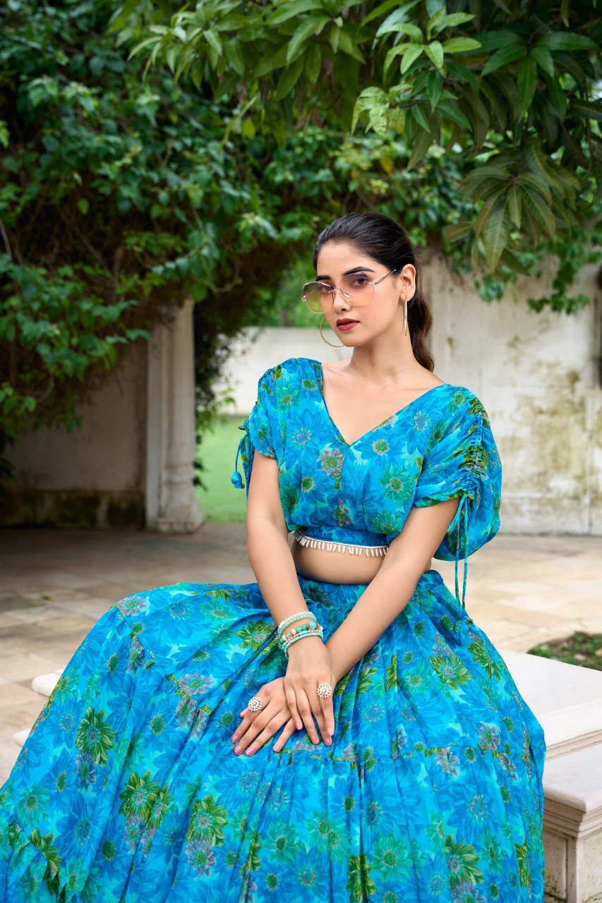 Elegant Floral Print Chiffon Sky Blue Lehenga Set for Women