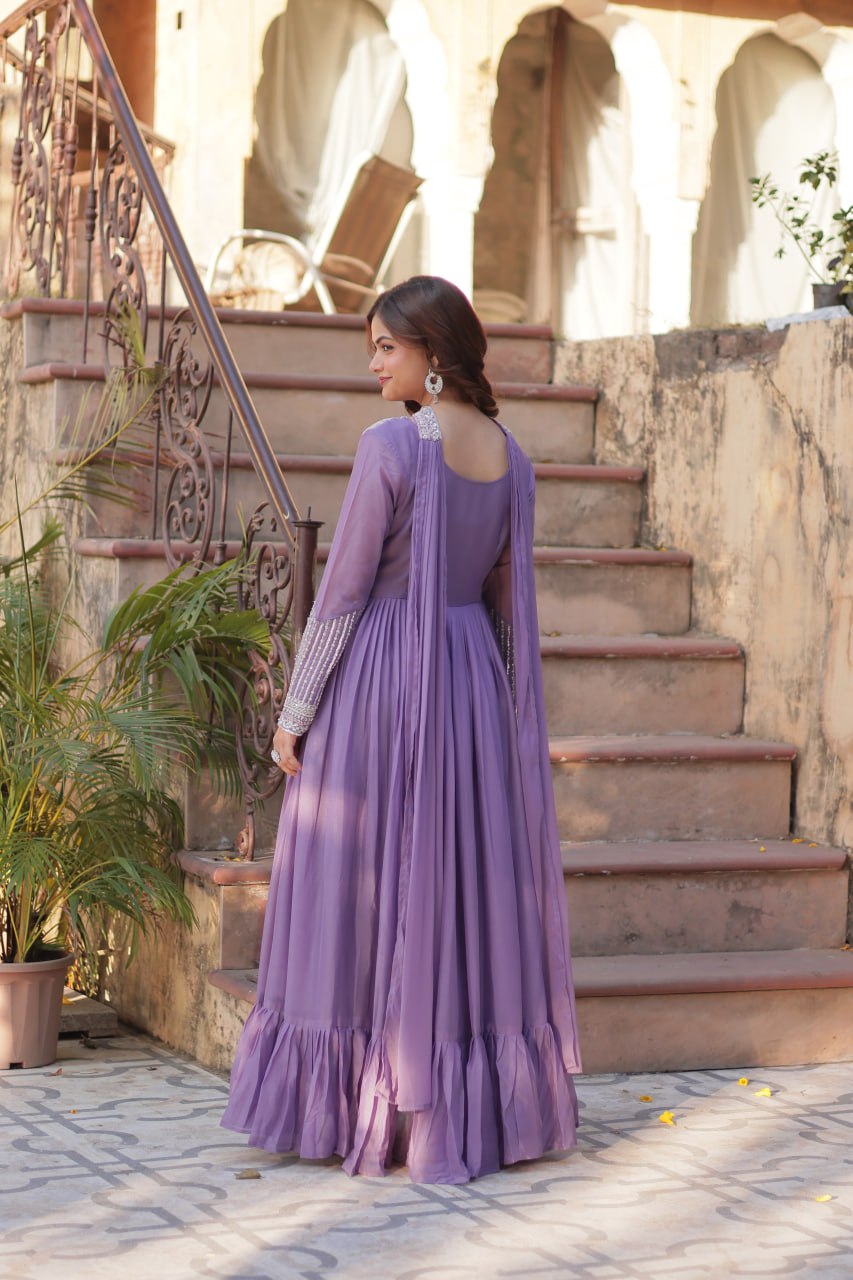 Star Georgette Embroidered Beads Sequins Work Lavender Gown with Dupatta Set