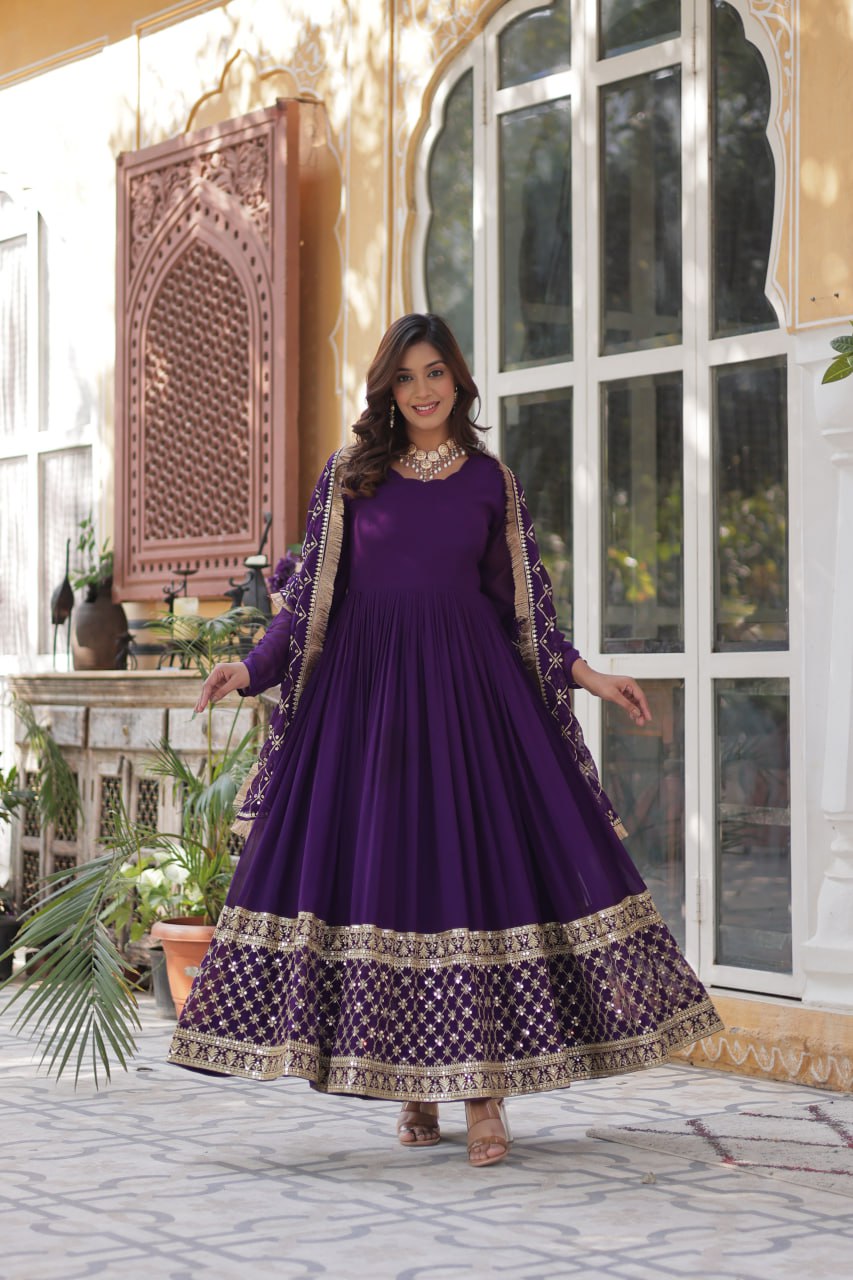 Faux Blooming Purple Gown with Zari Sequins Embroidery and Designer Dupatta