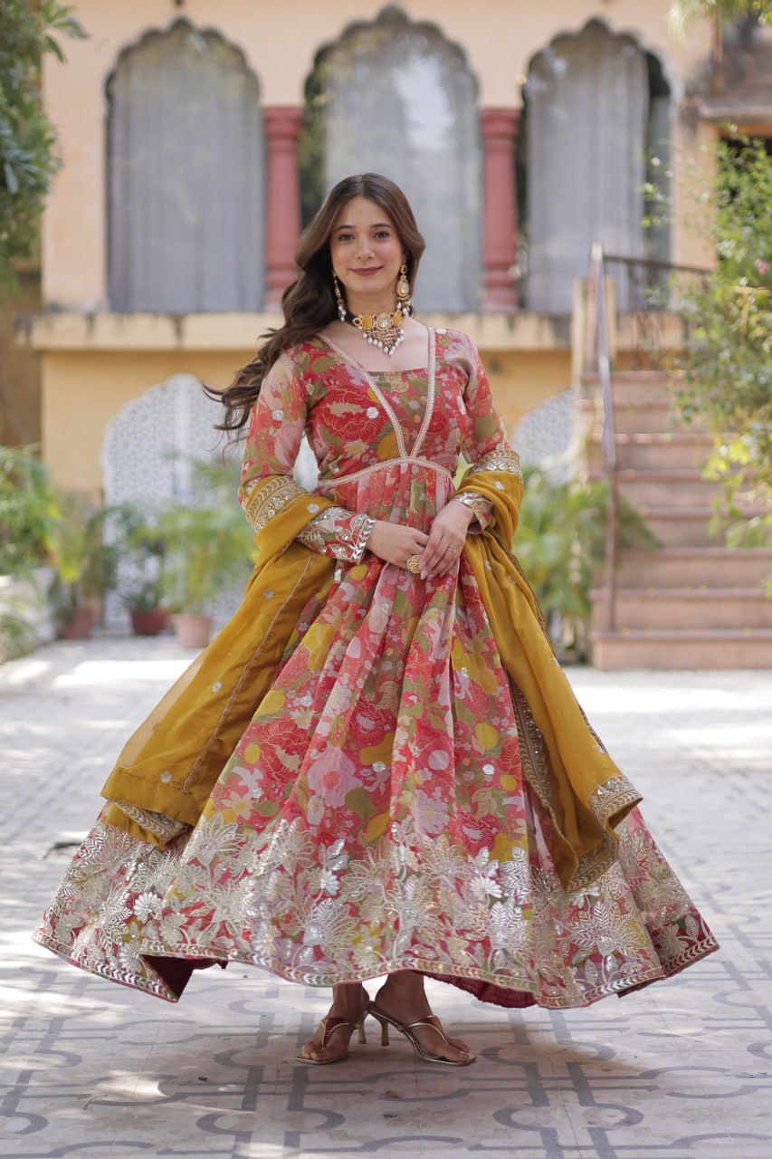 Digital Printed Russian Silk Top with Foil Embroidery Zari Sequins Work and Designer Lace Border Dupatta