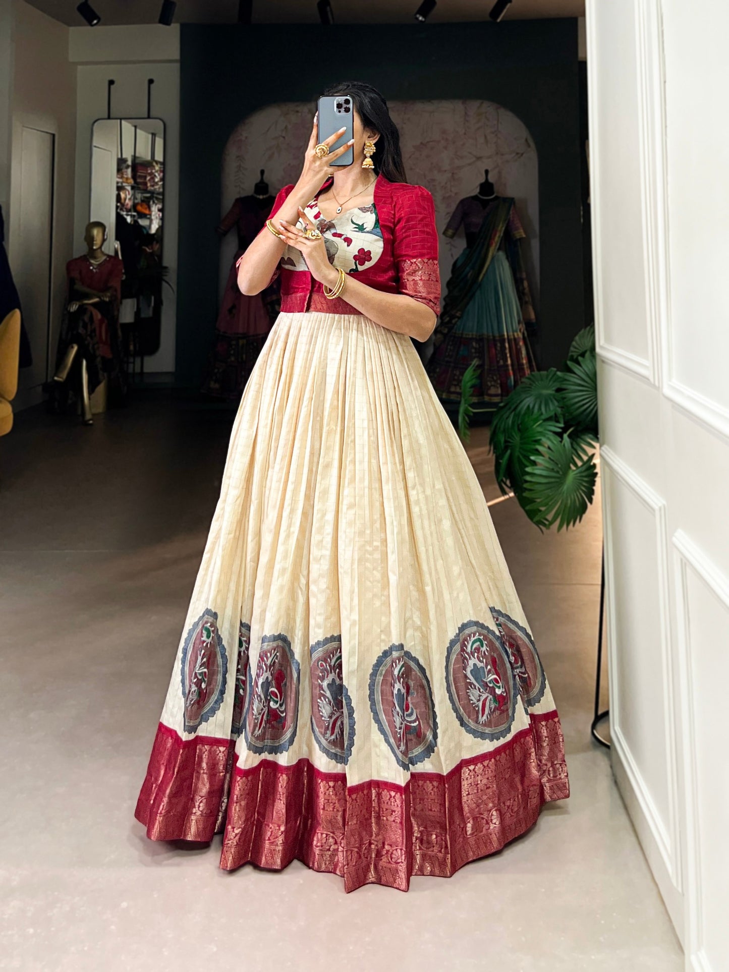 Elegant Dola Silk Kalamkari Print Red Gown with Zari Weaving Koti | Ethnic Wear for Women