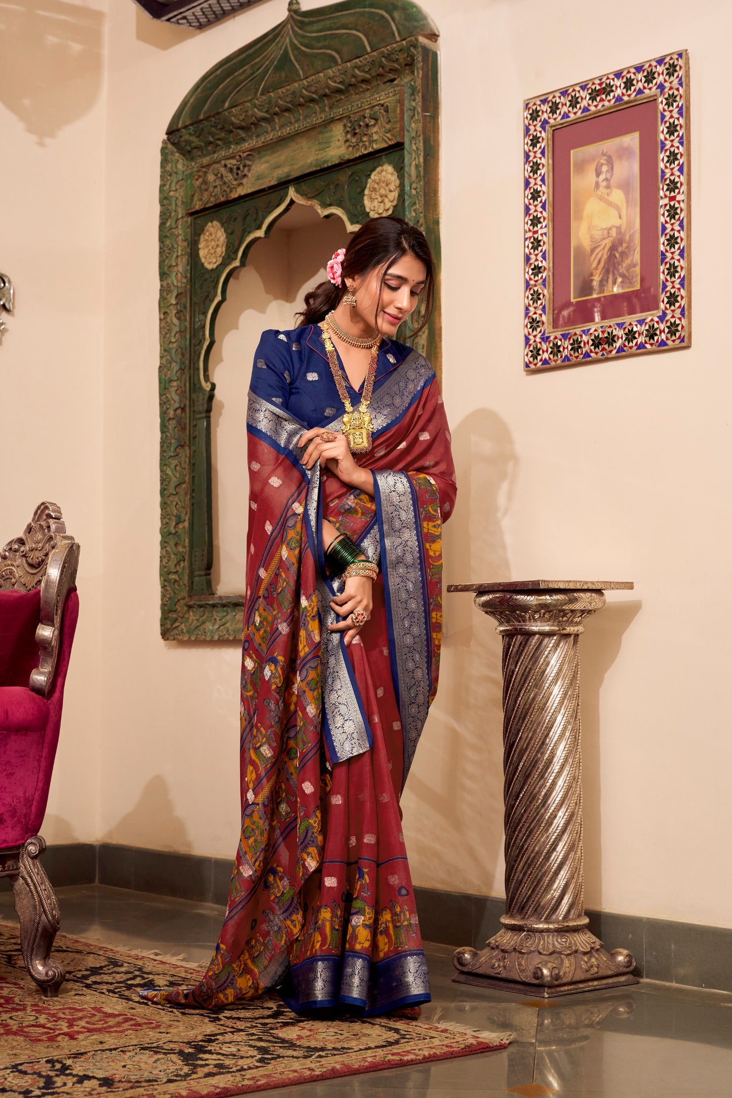 Kalamkari Print Poly Cotton Saree with Zari Weaving Work Border and Unstitched Blouse