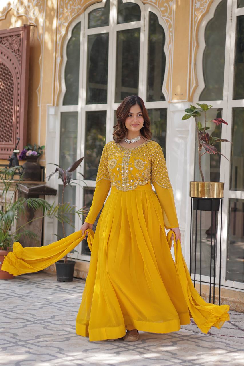 Yellow Embroidered Faux Blooming Georgette Gown with Dupatta