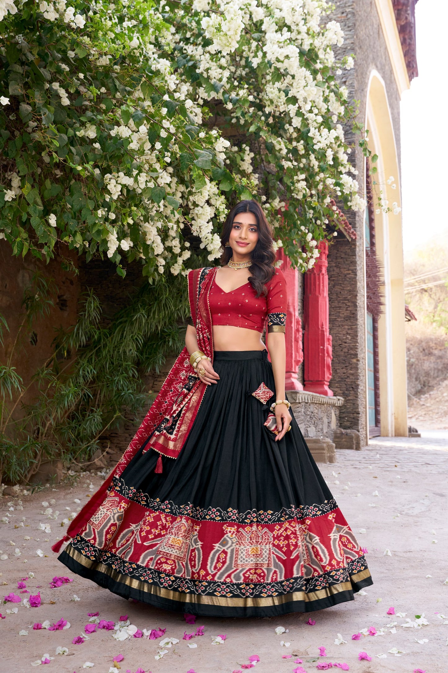 Patola Printed Black Tussar Silk Lehenga Set with Gotta Patti Dupatta