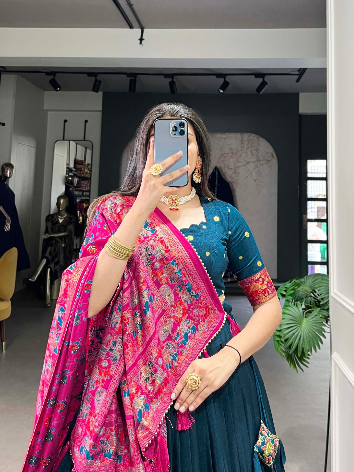 Peacock Blue Tussar Silk Lehenga Set with Printed Foil Work and Gotta Patti Dupatta