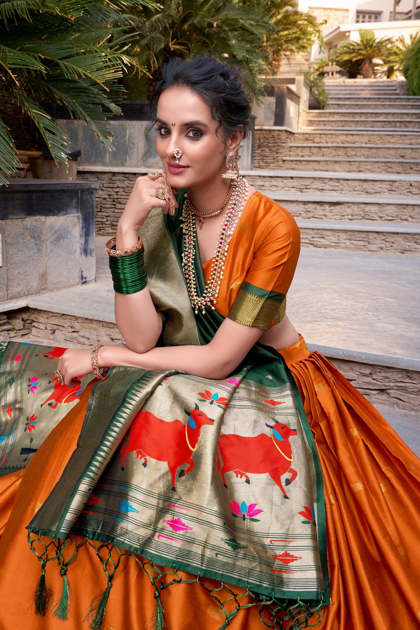 Orange Jacquard Silk Paithani Lehenga Set with Zari Weaving and Tassel Dupatta